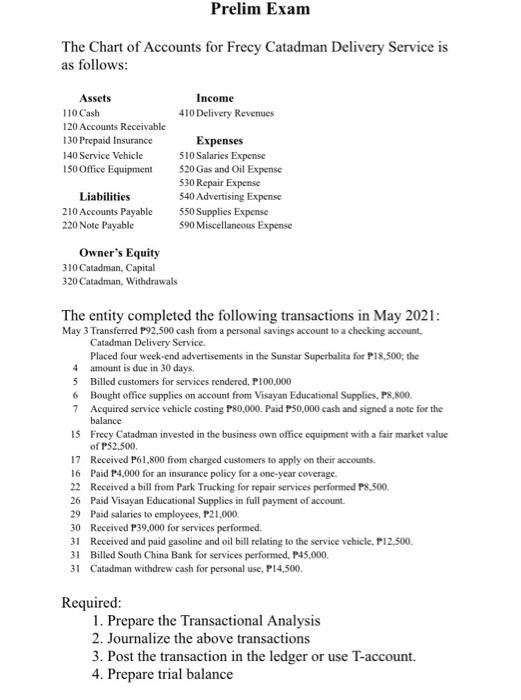 Prelim Exam The Chart Of Accounts For Frecy Catadman Delivery Service Is As Follows Assets Income 110 Cash 410 Delivery 1
