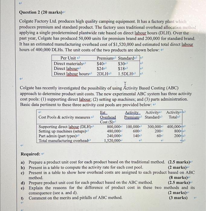 Question 2 20 Marks 3 Le Le Colgate Factory Ltd Produces High Quality Camping Equipment It Has A Factory Plant Which 1