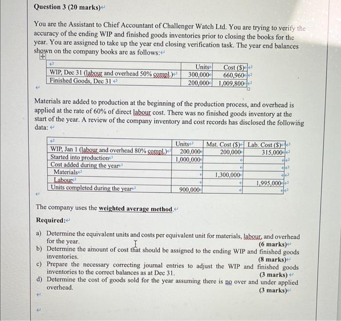 Question 3 20 Marks You Are The Assistant To Chief Accountant Of Challenger Watch Ltd You Are Trying To Verify The Ac 1