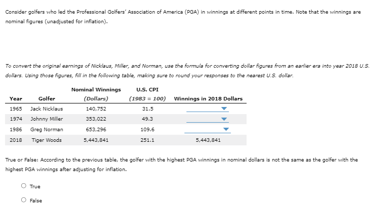 Consider Golfers Who Led The Professional Golfers Association Of America Pga In Winnings At Different Points In Time 1