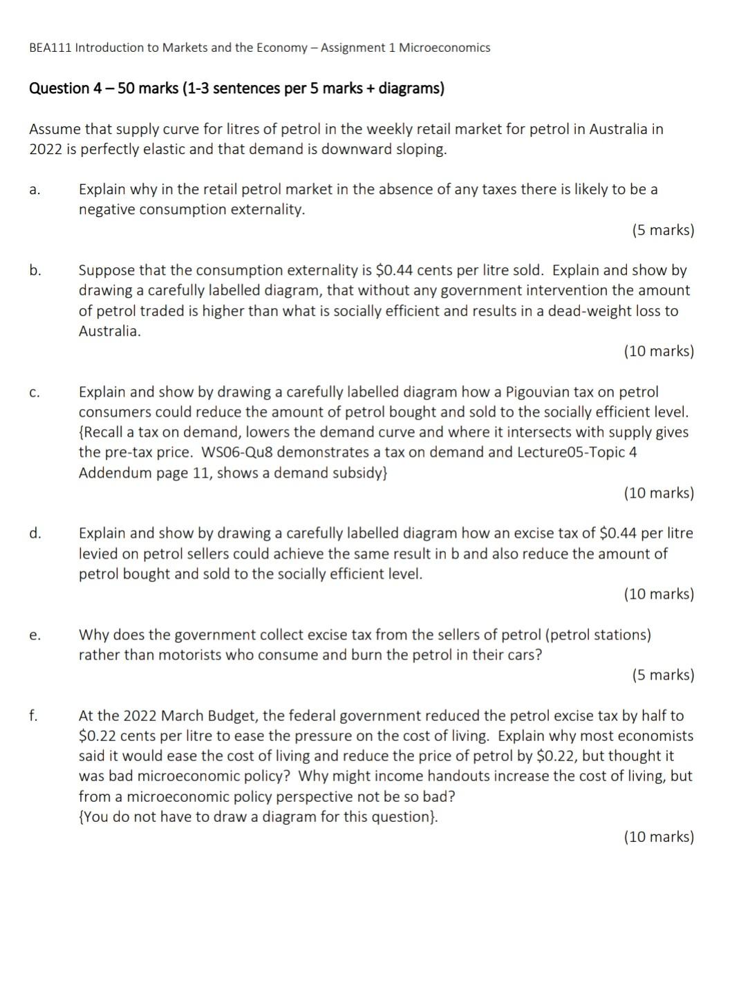 Bea111 Introduction To Markets And The Economy Assignment 1 Microeconomics Question 4 50 Marks 1 3 Sentences Per 5 M 1
