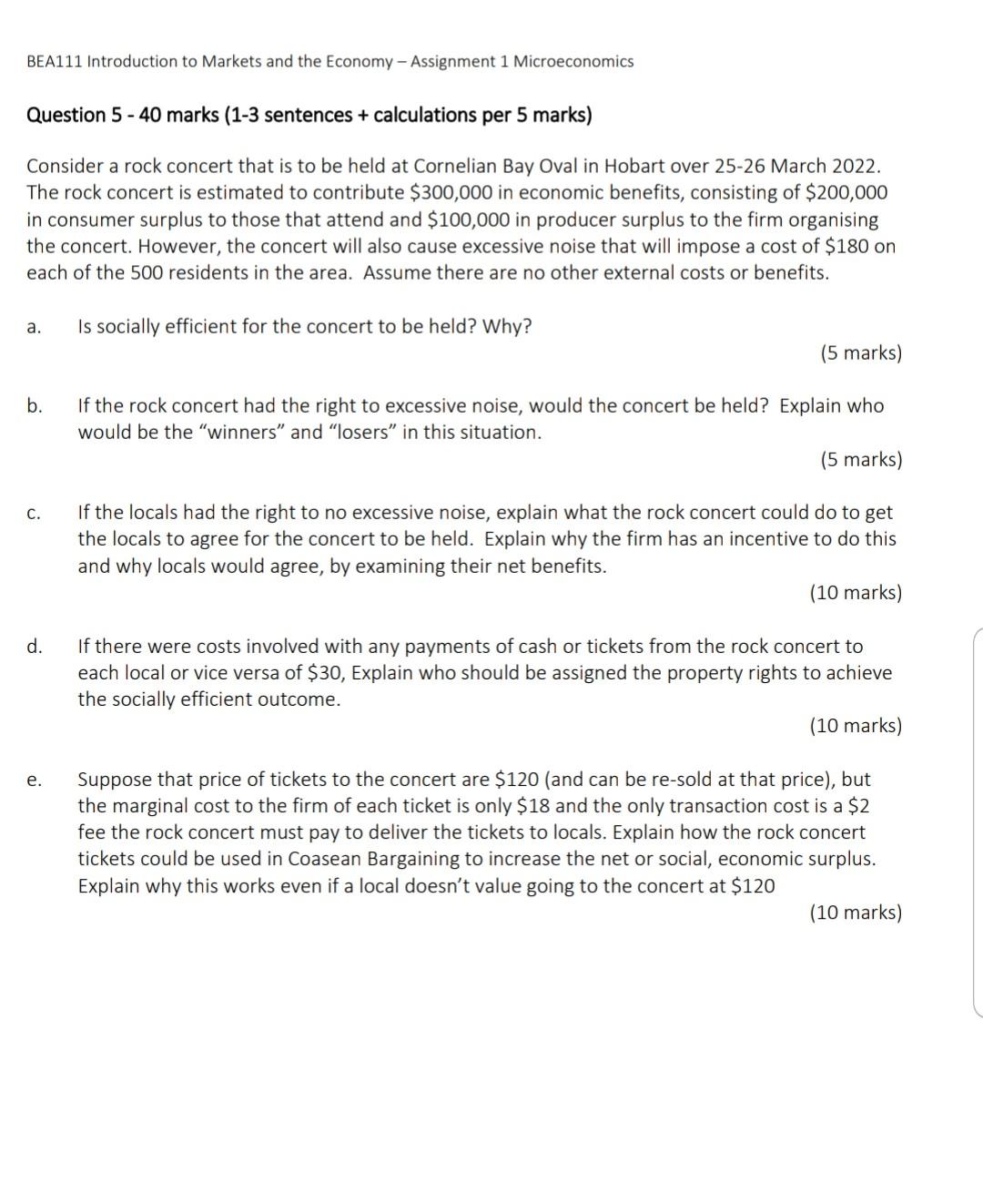Bea111 Introduction To Markets And The Economy Assignment 1 Microeconomics Question 5 40 Marks 1 3 Sentences Calc 1