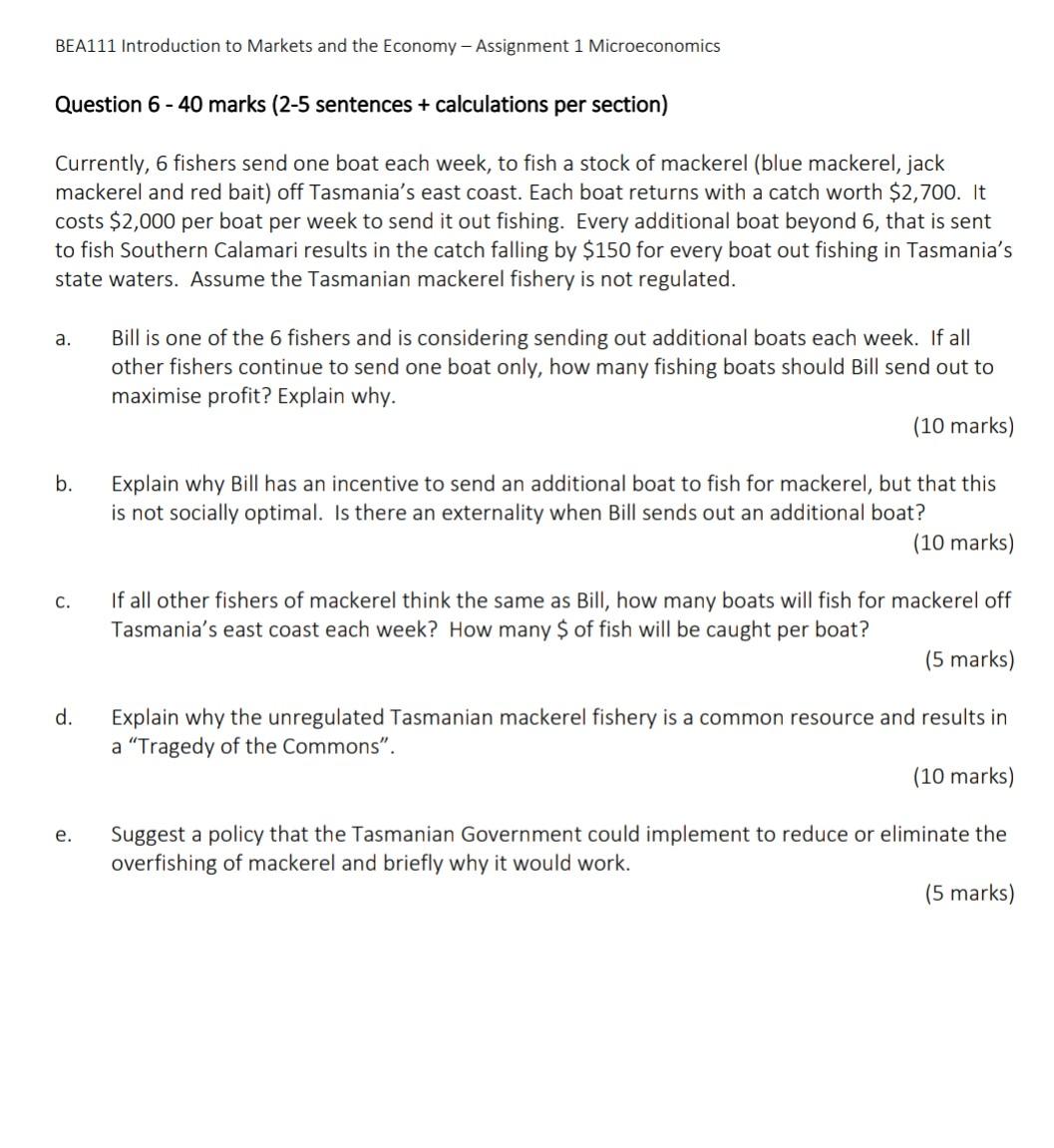 Bea111 Introduction To Markets And The Economy Assignment 1 Microeconomics Question 6 40 Marks 2 5 Sentences Calc 1