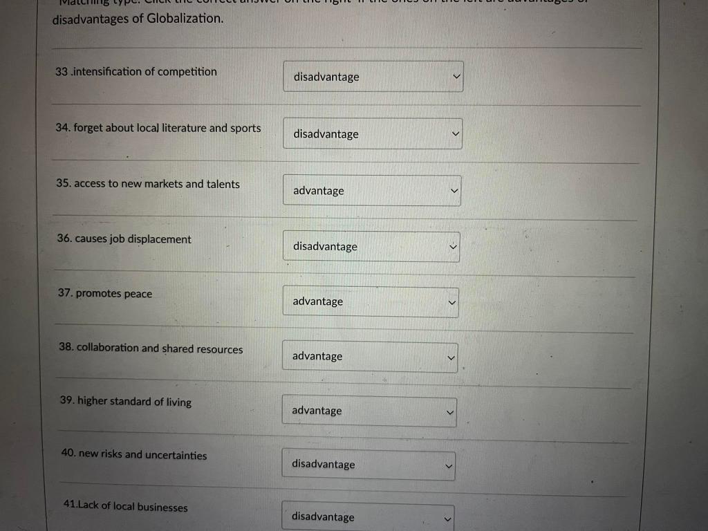 Identify If It Is An Advantage Or Disadvantage Of Globalization Disregard The Answers 1