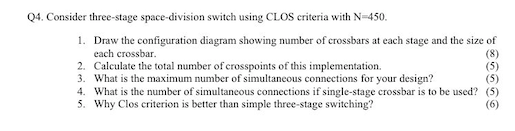 Q4 Consider Three Stage Space Division Switch Using Clos Criteria With N 450 1 Draw The Configuration Diagram Showing 1
