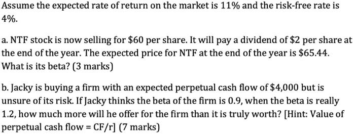 Assume The Expected Rate Of Return On The Market Is 11 And The Risk Free Rate Is 4 A Ntf Stock Is Now Selling For 6 1