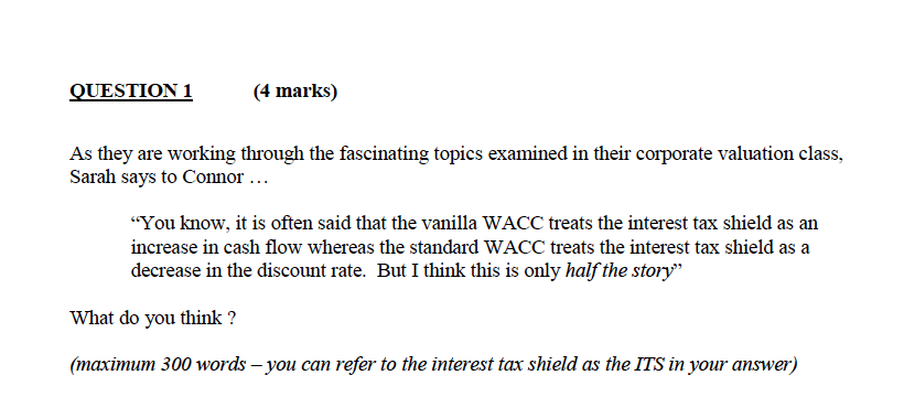 Question 1 4 Marks As They Are Working Through The Fascinating Topics Examined In Their Corporate Valuation Class Sar 1