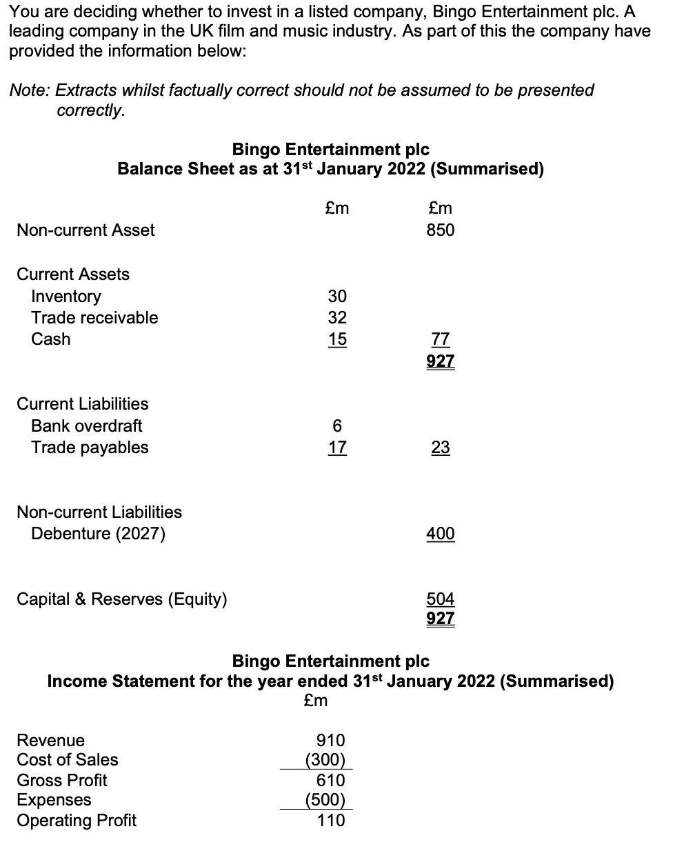 You Are Deciding Whether To Invest In A Listed Company Bingo Entertainment Plc A Leading Company In The Uk Film And Mu 1