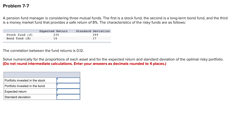 Problem 7 7 A Pension Fund Manager Is Considering Three Mutual Funds The First Is A Stock Fund The Second Is A Long Te 1
