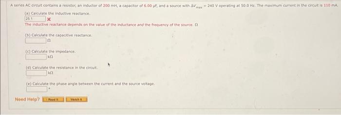 240 V Operating At 50 0 H The Maximum Current In The Decuit Is 110 Ma A Series Ac Circuit Contains A Resistor An Induc 1
