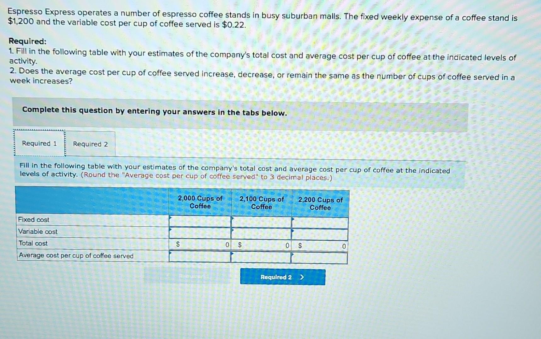 Required 1 Required 2 Does the average cost per cup of coffee served