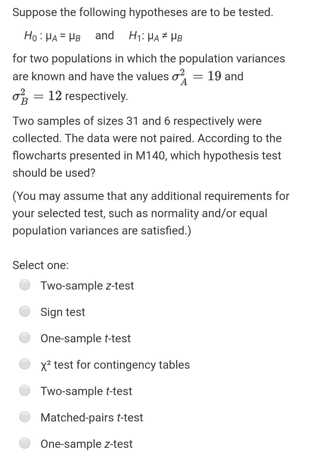 Suppose The Following Hypotheses Are To Be Tested Ho Ma Mb And H Hathb For Two Populations In Which The Population 1