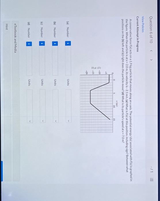 Question 6 Of 10 1 E View Policies Current Attempt In Progress A Conservative Force F X Acts On A 1 9 Kg Particle Tha 1