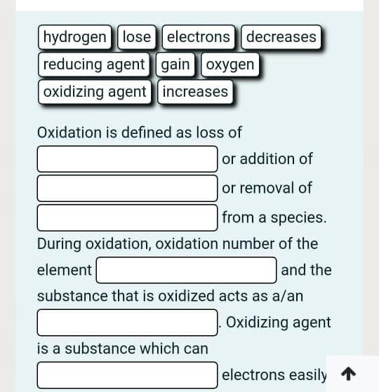 Hydrogen Lose Electrons Decreases Reducing Agent Gain Oxygen Oxidizing Agent Increases Oxidation Is Defined As Loss Of O 1