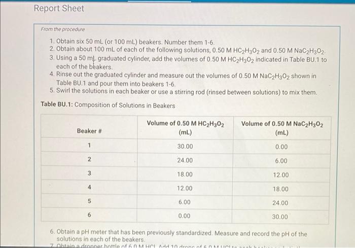 Report Sheet From The Procedure 1 Obtain Six 50 Ml Or 100 Ml Beakers Number Them 1 6 2 Obtain About 100 Ml Of Each 1
