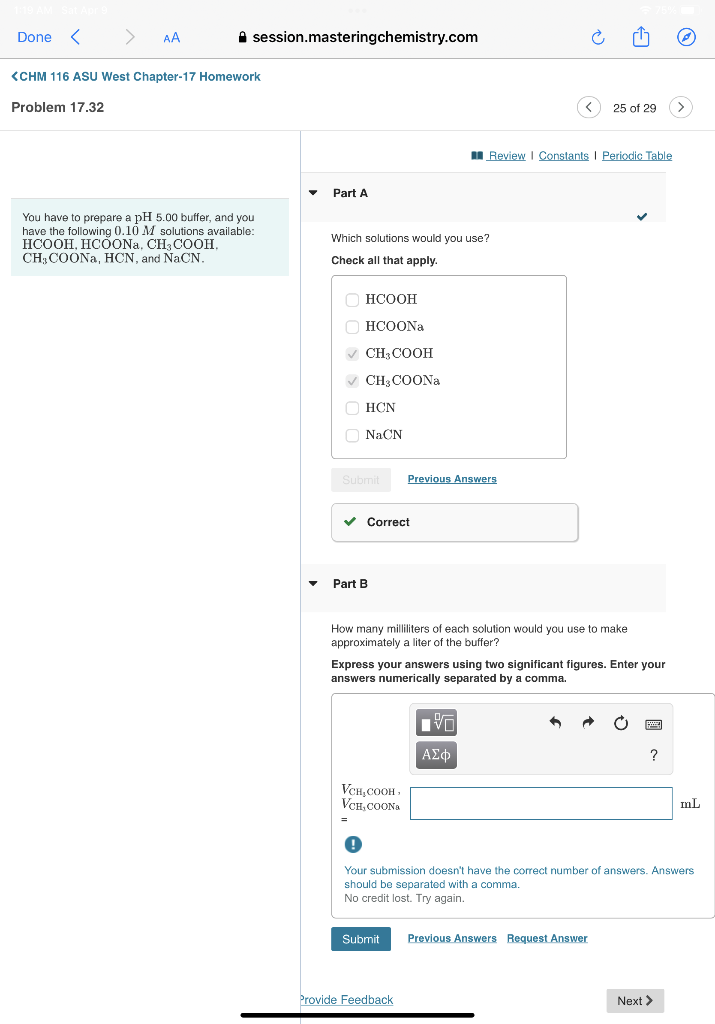 Done Aa Session Masteringchemistry Com Chm 116 Asu West Chapter 17 Homework Problem 17 32 25 Of 29 I Review Constants 1
