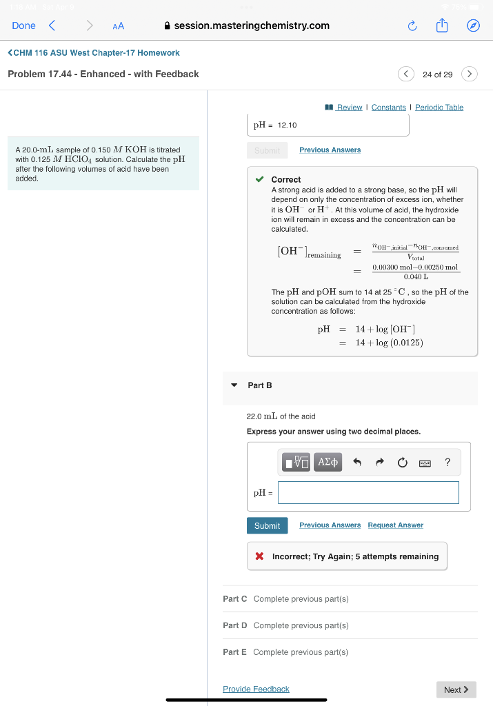 Done Aa A Session Masteringchemistry Com E Chm 116 Asu West Chapter 17 Homework Problem 17 44 Enhanced With Feed 1