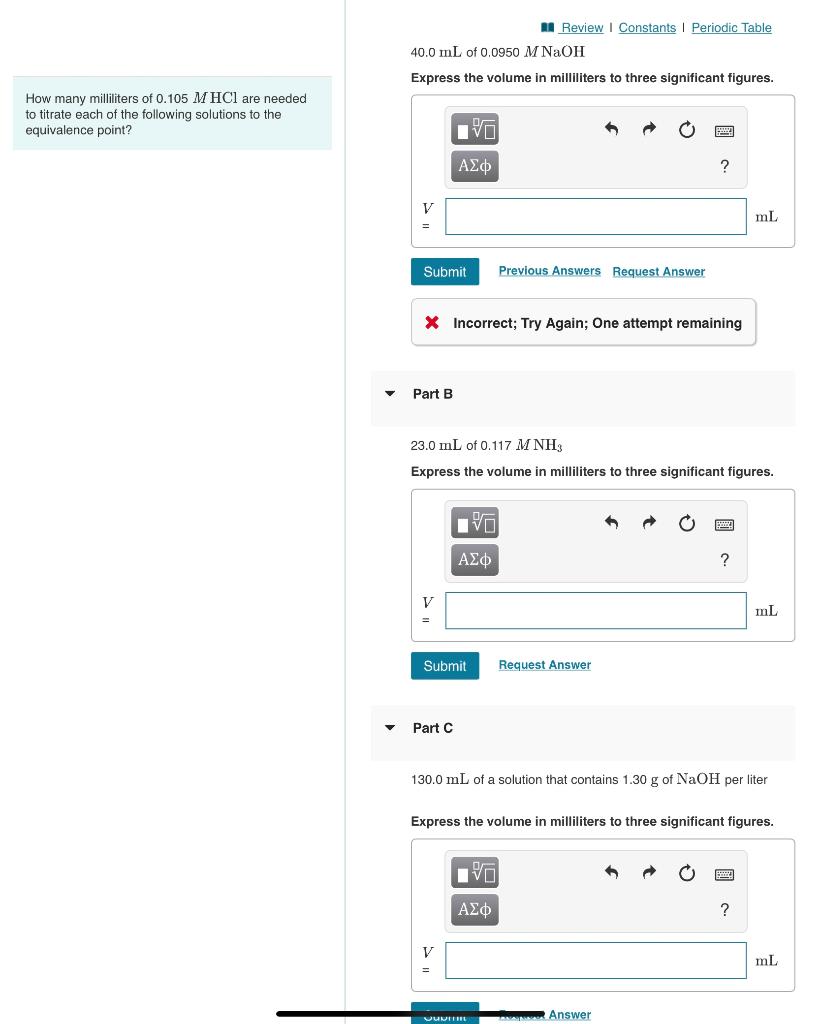 A Review Constants Periodic Table 40 0 Ml Of 0 0950 M Naoh Express The Volume In Milliliters To Three Significant Fi 1