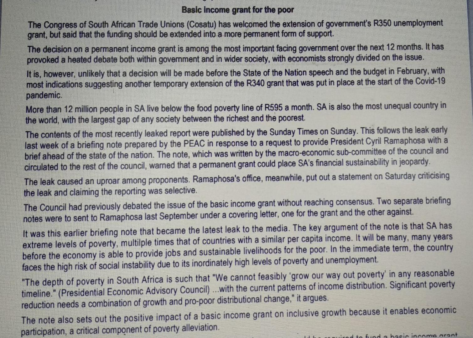 Basic Income Grant For The Poor The Congress Of South African Trade Unions Cosatu Has Welcomed The Extension Of Govern 1