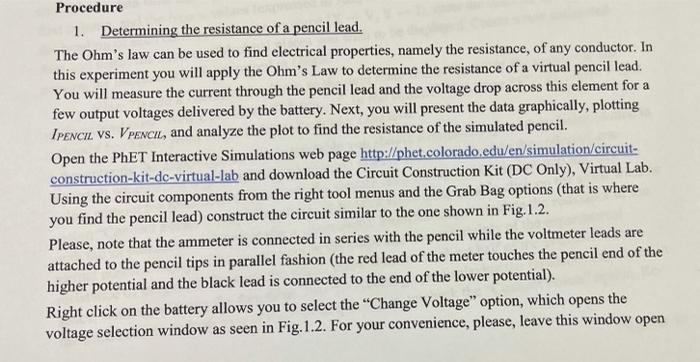 Procedure 1 Determining The Resistance Of A Pencil Lead The Ohm S Law Can Be Used To Find Electrical Properties Namel 1