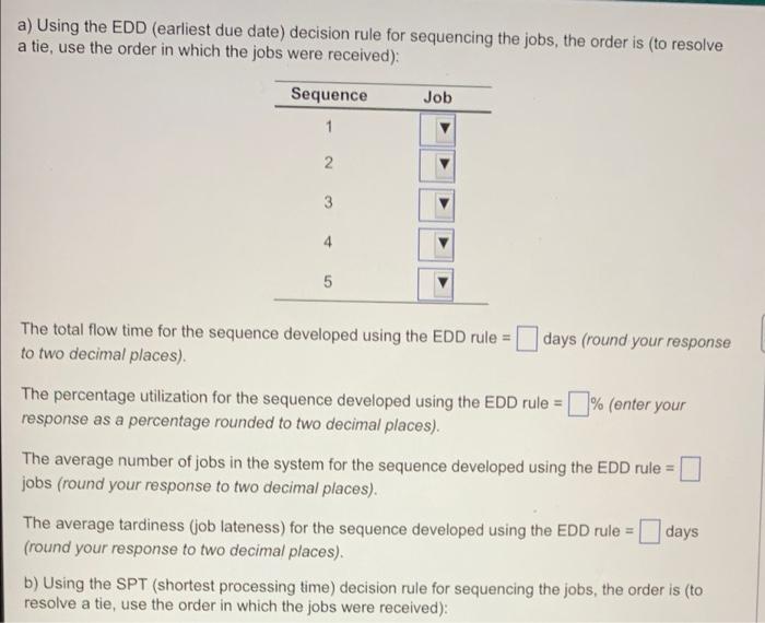 A Using The Edd Earliest Due Date Decision Rule For Sequencing The Jobs The Order Is To Resolve A Tie Use The Orde 1