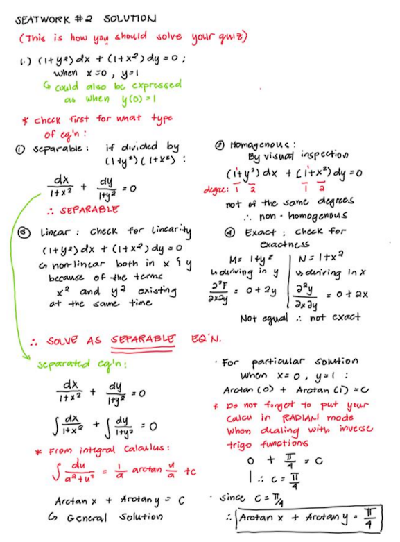 Itxa Itya Seat Work 2 Solution This Is How You Should Solve Your Guiz 1 I Ya Dx 1 X Dy 0 When X0 Yol G 1
