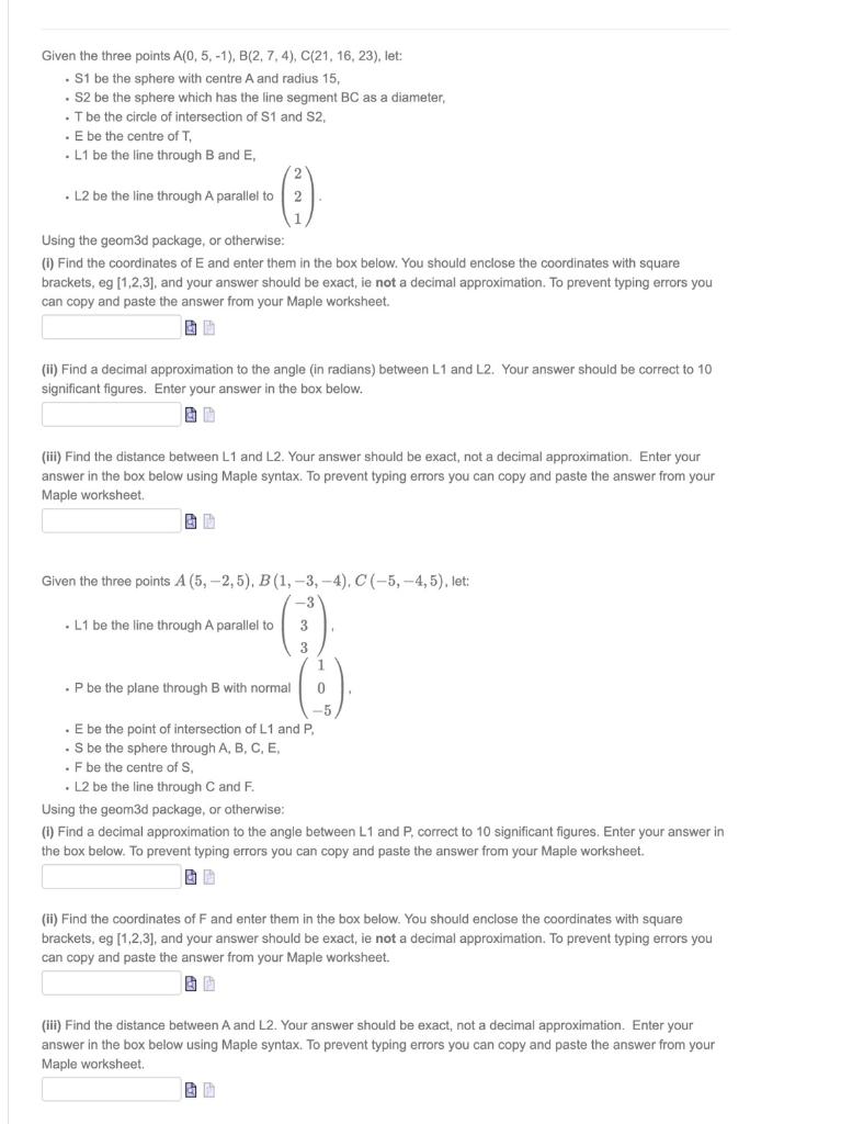 Given The Three Points A 0 5 1 B 2 7 4 C 21 16 23 Let S1 Be The Sphere With Centre A And Radius 15 S2 Be 1
