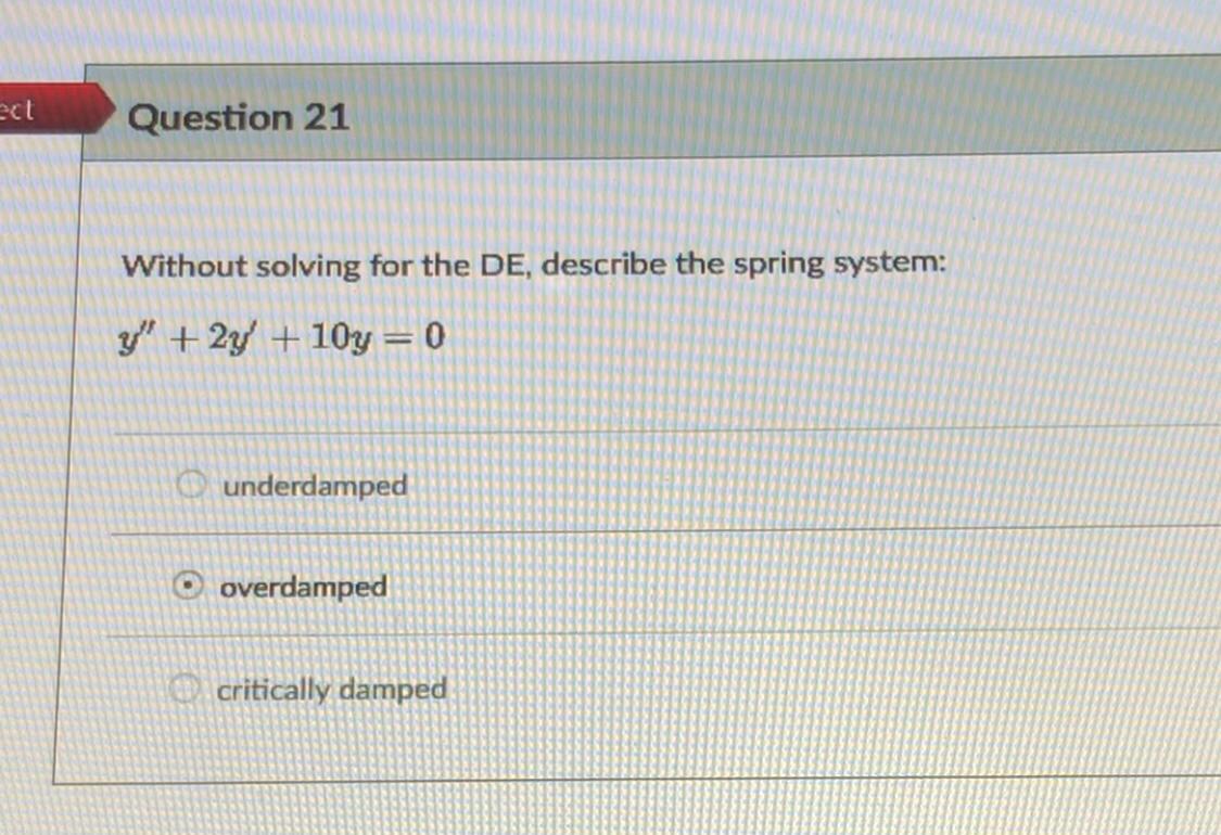 Zet Question 21 Without Solving For The De Describe The Spring System Y 2y 10y 0 Underdamped Overdamped Criticall 1