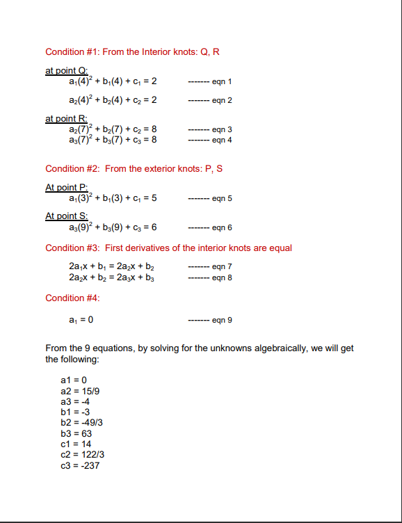 Quadratic Spline Show How To Obtain The Constants Below A1 B1 C1 Etc From The Equations Above Through Algebra Part 1
