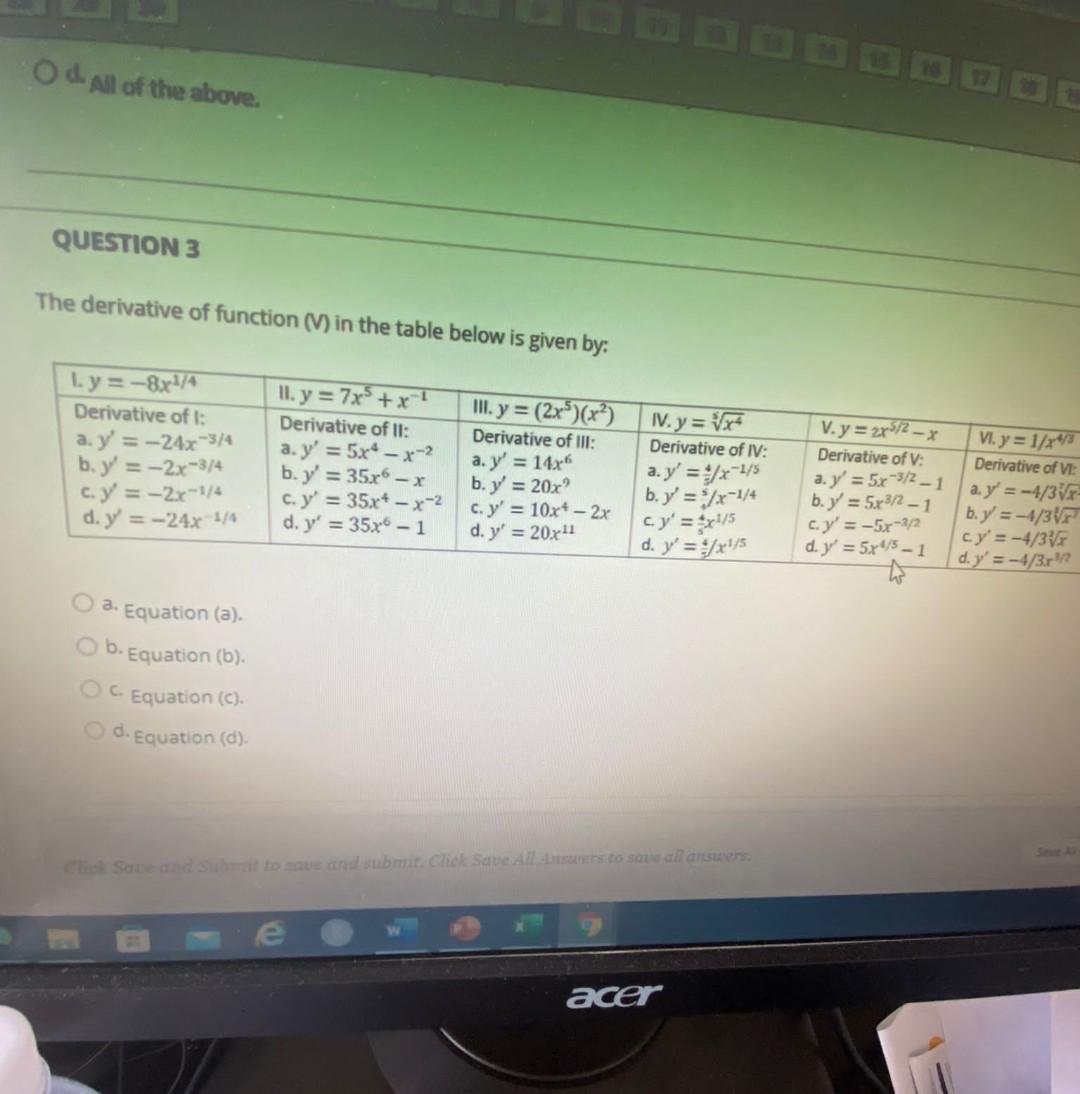 Od All Of The Above Question 3 The Derivative Of Function V In The Table Below Is Given By I Y 8x1 4 Derivative 1