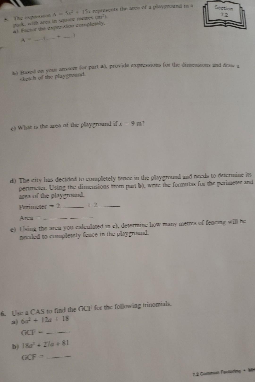 Section 72 The Expression A 3 1st Represents The Area Of A Playground In A Park With Area In Square Metres M A 1