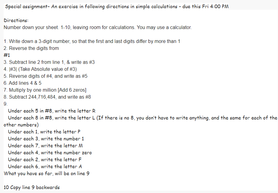 Special Assignment An Exercise In Following Directions In Simple Calculations Due This Fri 4 00 Pm Directions Number 1