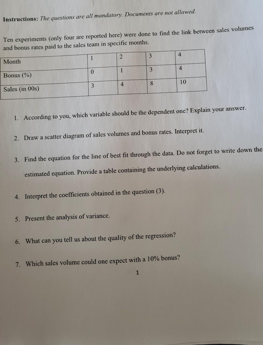 Instructions The Questions Are All Mandatory Documents Are Not Allowed Ten Experiments Only Four Are Reported Here 1