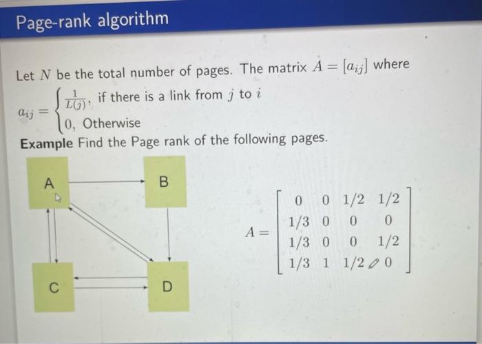 Page Rank Algorithm Let N Be The Total Number Of Pages The Matrix A Aij Where So If There Is A Link From To I 0 1
