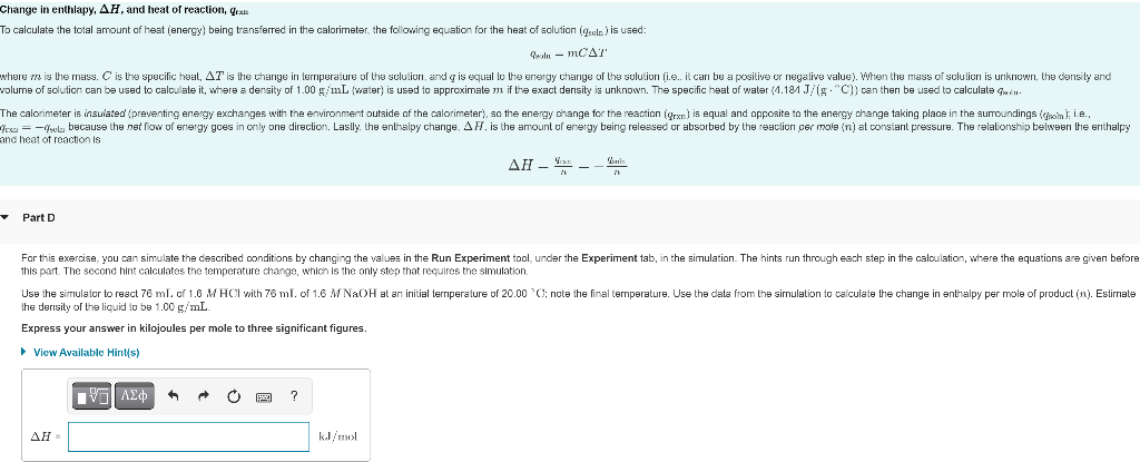 Change In Enthlapy Ah And Heat Of Reaction Gen To Calculate The Total Amount Of Heat Energy Being Transferred In Th 1