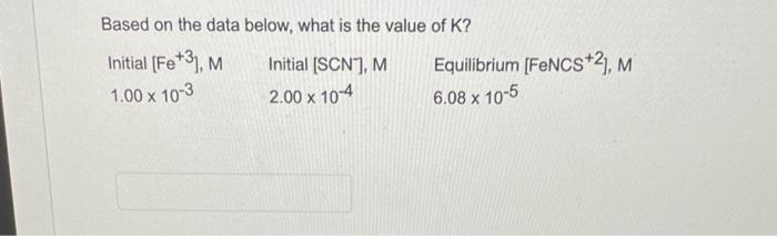 Based On The Data Below What Is The Value Of K Initial Fe 3 M 1 00 X 10 3 Initial Scn M 2 00 X 10 4 Equilibrium 1