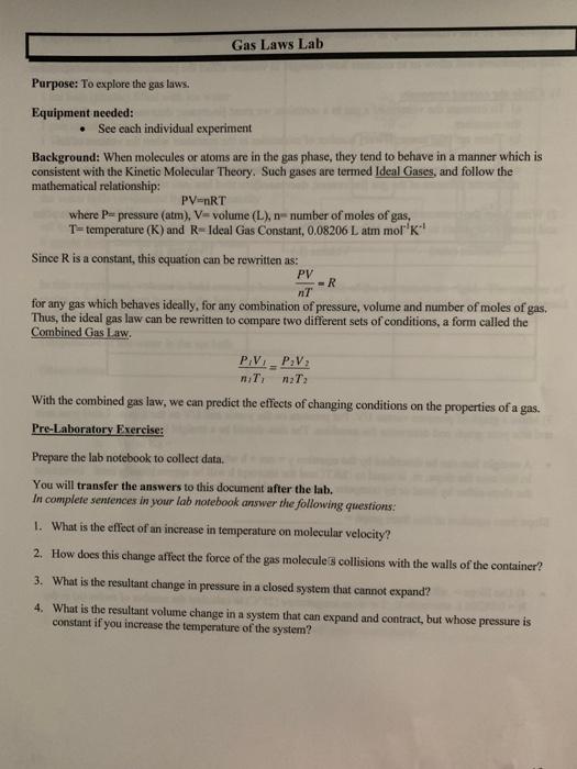 Purpose To Explore The Gas Laws Equipment Needed Gas Laws Lab See Each Individual Experiment Background When Molecul 1