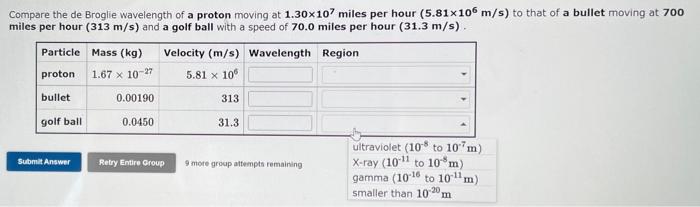 Compare The De Broglie Wavelength Of A Proton Moving At 1 30x107 Miles Per Hour 5 81x106 M S To That Of A Bullet Movin 1