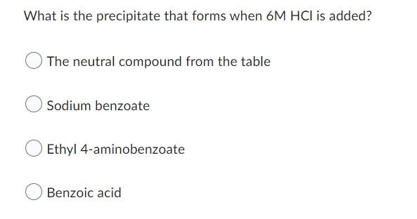 What Is The Precipitate That Forms When 6m Hci Is Added The Neutral Compound From The Table Sodium Benzoate Ethyl 4 Ami 1