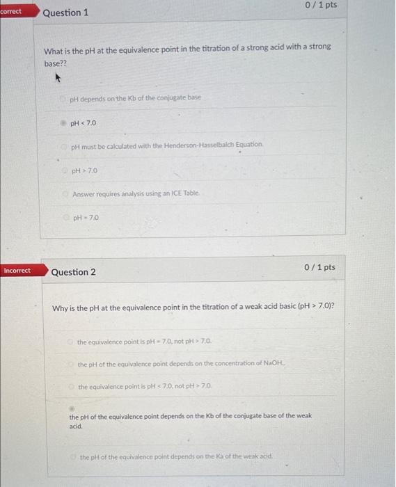 Correct Incorrect Question 1 What Is The Ph At The Equivalence Point In The Titration Of A Strong Acid With A Strong Bas 1