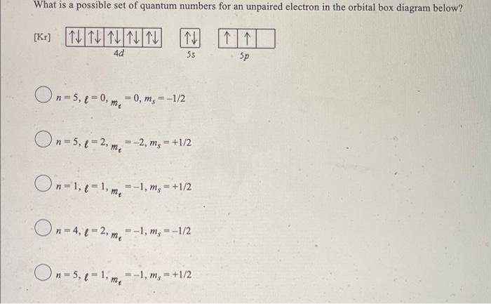 What Is A Possible Set Of Quantum Numbers For An Unpaired Electron In The Orbital Box Diagram Below K Nnnnn N 4d 55 O 1