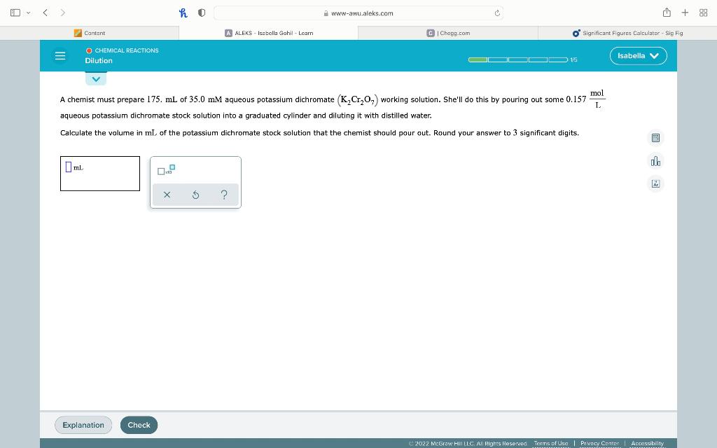 Content Ml O Chemical Reactions Dilution Explanation Check H 0 X A Aleks Isabella Gohil Learn A Chemist Must Pre 1