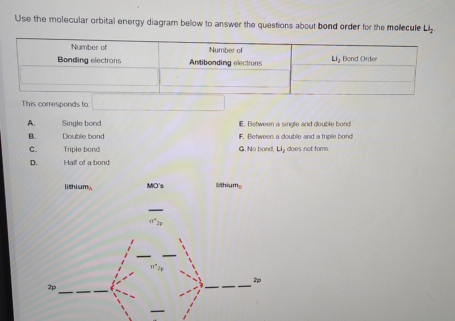 Use The Molecular Orbital Energy Diagram Below To Answer The Questions About Bond Order For The Molecule Li This Corre 1