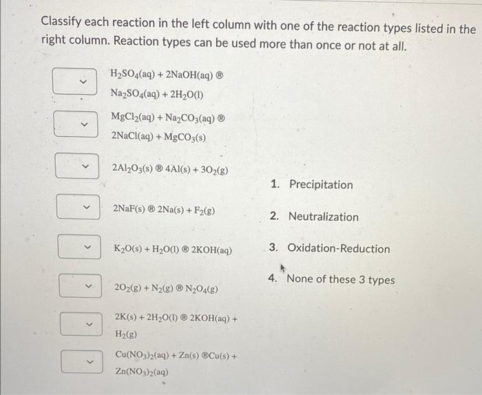 Classify Each Reaction In The Left Column With One Of The Reaction Types Listed In The Right Column Reaction Types Can 1
