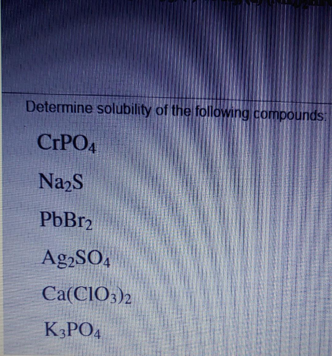 Determine Solubility Of The Following Compounds Crpo4 Na S Pbbr2 Ag So4 Ca Cio3 2 K3po4 1