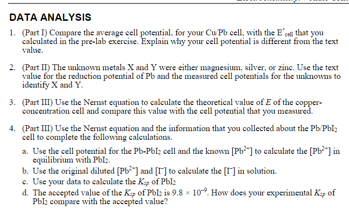 Results Part 1 And 2 Cu Pb X Pb Y Pb Average Cell Potential V 0 4767 V 1 06 V 0 410 V Results Part 3 Cu Concentration 1