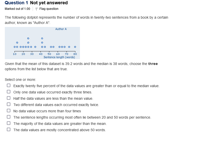 Question 1 Not Yet Answered Marked Out Of 1 00 P Flag Question The Following Dotplot Represents The Number Of Words In T 1