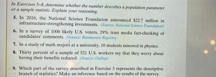 In Exercises 5 8 Determine Whether The Number Describes A Population Parameter Or A Sample Statistic Explain Your Reas 1