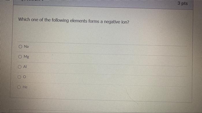 Which One Of The Following Elements Forms A Negative Ion Na Mg Ai Jo He 3 Pts Question 10 What Is The Name Of Cu No 1
