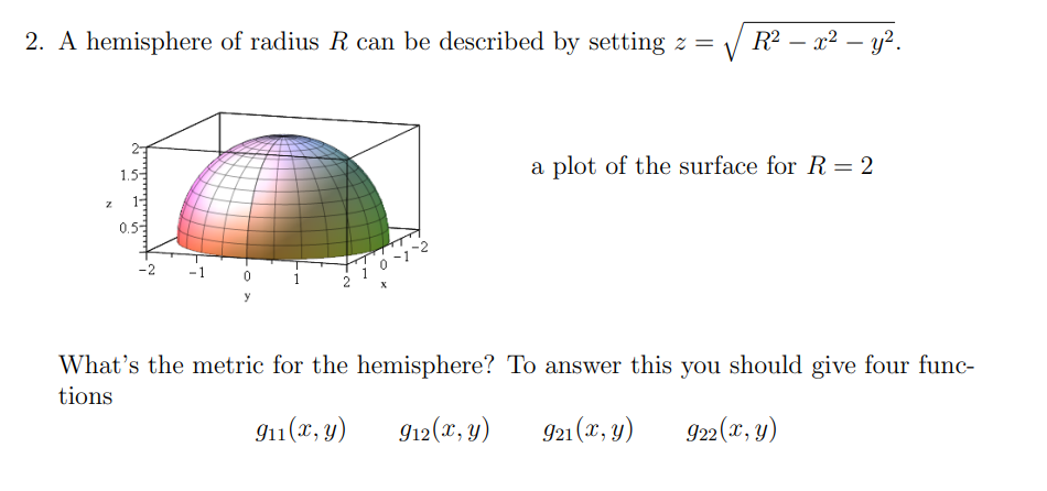 2 A Hemisphere Of Radius R Can Be Described By Setting 2 Ev R2 22 12 Y2 A Plot Of The Surface For R 2 1 5 1 1